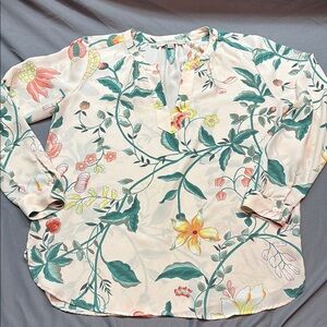 LOFT Petite Pink Yellow Floral V-Neck Blouse Sz SP Long Sleeve Relaxed Fit Shirt